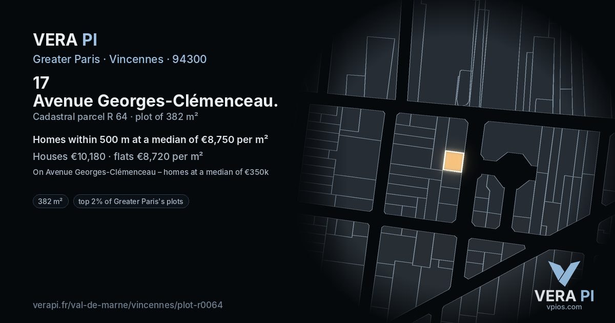 17 Avenue Georges-Clémenceau, Vincennes at night – the plot lit, the parcels around coloured by the prices near them