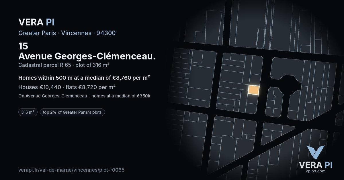 15 Avenue Georges-Clémenceau, Vincennes at night – the plot lit, the parcels around coloured by the prices near them