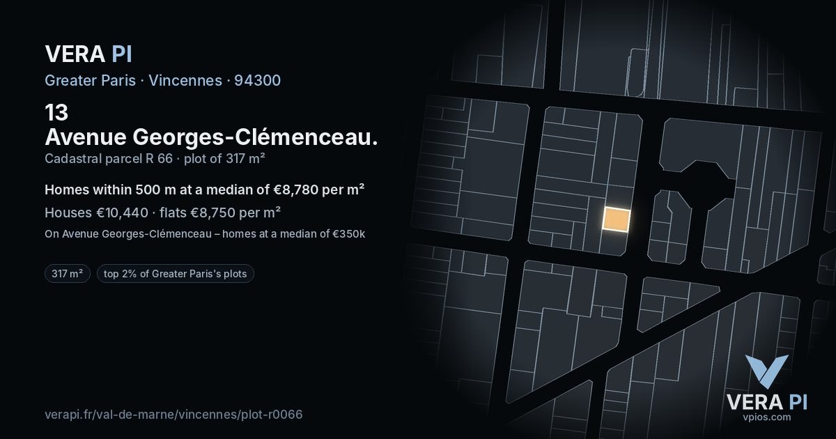 13 Avenue Georges-Clémenceau, Vincennes at night – the plot lit, the parcels around coloured by the prices near them