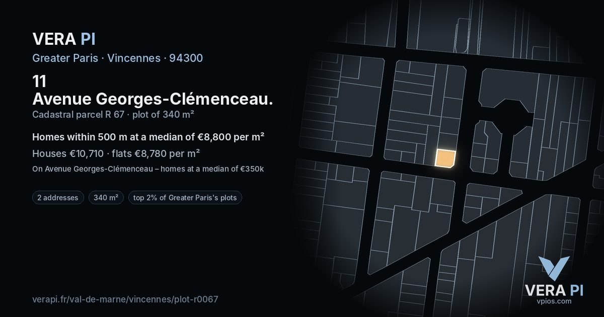 11 Avenue Georges-Clémenceau, Vincennes at night – the plot lit, the parcels around coloured by the prices near them