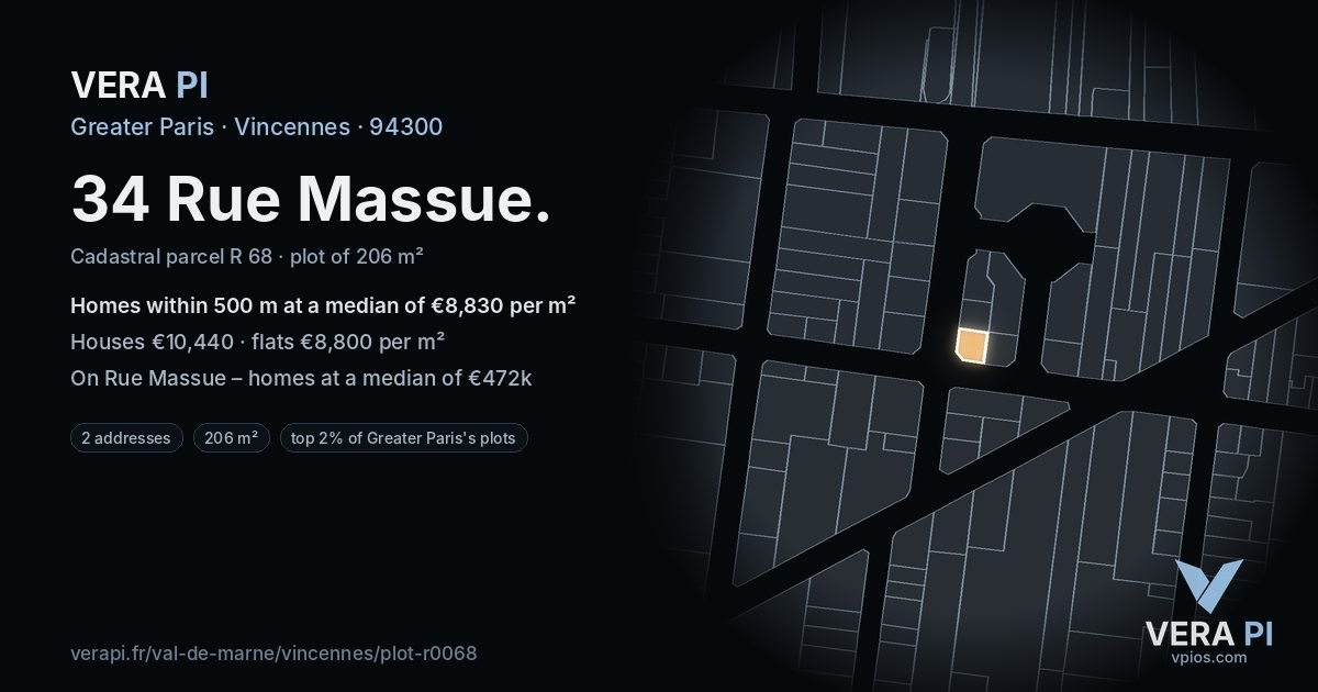 34 Rue Massue, Vincennes at night – the plot lit, the parcels around coloured by the prices near them
