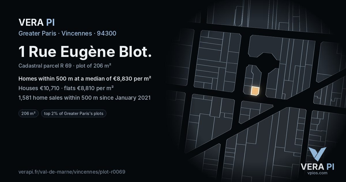 1 Rue Eugène Blot, Vincennes at night – the plot lit, the parcels around coloured by the prices near them