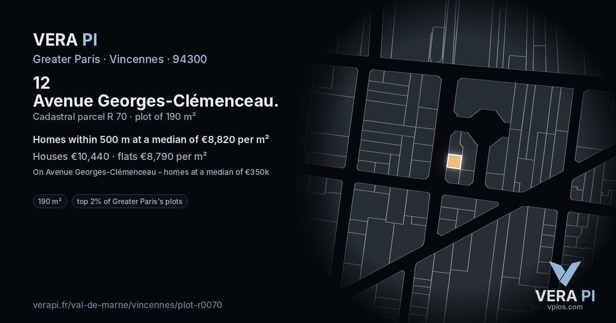 12 Avenue Georges-Clémenceau, Vincennes at night – the plot lit, the parcels around coloured by the prices near them