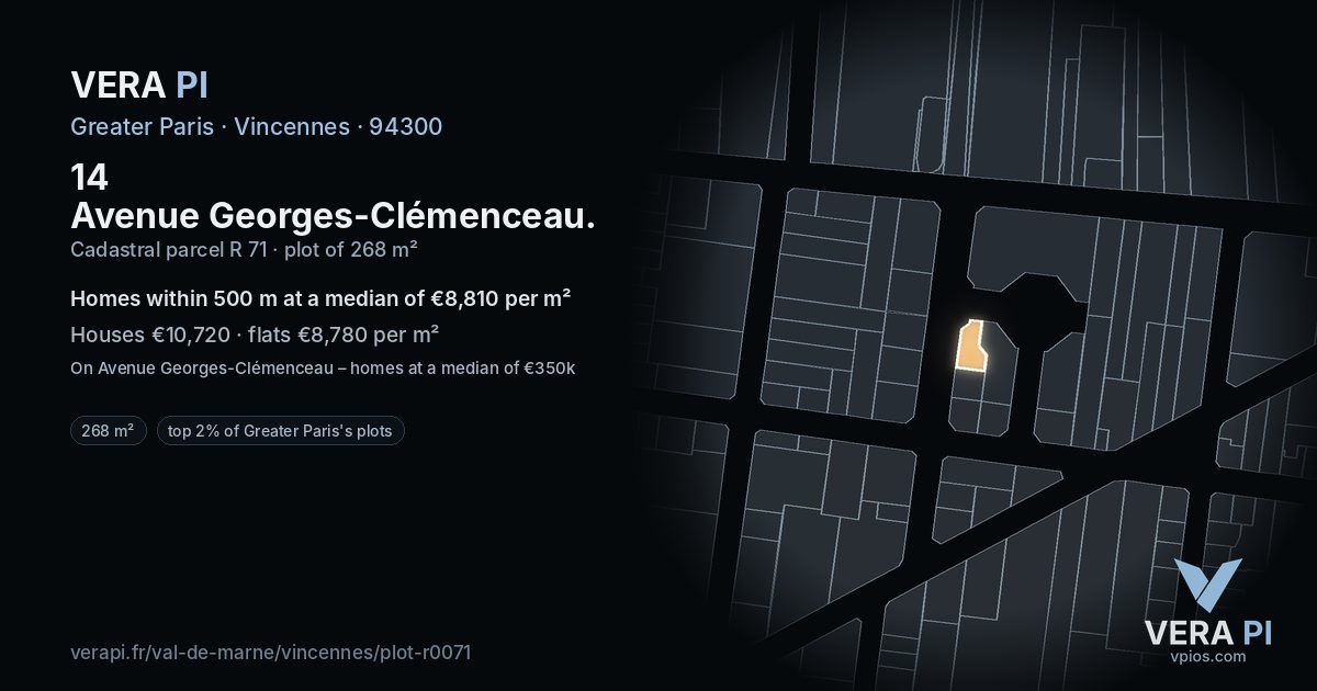 14 Avenue Georges-Clémenceau, Vincennes at night – the plot lit, the parcels around coloured by the prices near them