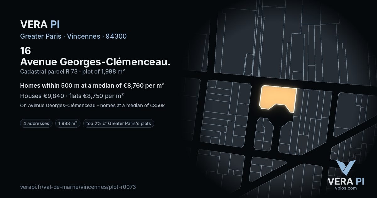 16 Avenue Georges-Clémenceau, Vincennes at night – the plot lit, the parcels around coloured by the prices near them