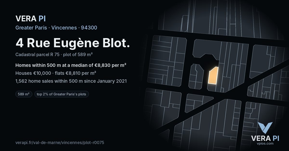 4 Rue Eugène Blot, Vincennes at night – the plot lit, the parcels around coloured by the prices near them