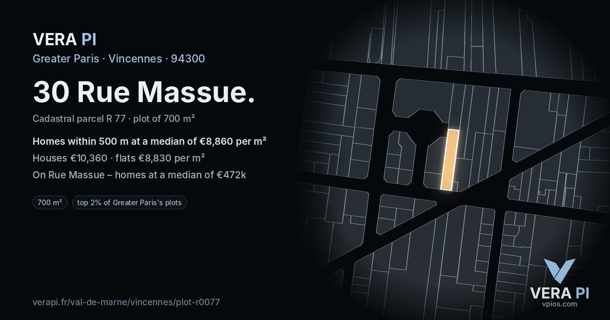 30 Rue Massue, Vincennes at night – the plot lit, the parcels around coloured by the prices near them