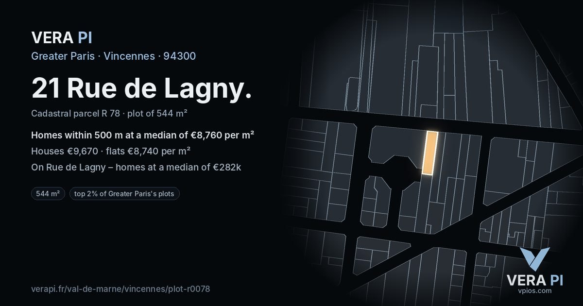 21 Rue de Lagny, Vincennes at night – the plot lit, the parcels around coloured by the prices near them