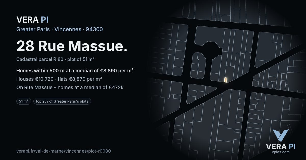 28 Rue Massue, Vincennes at night – the plot lit, the parcels around coloured by the prices near them