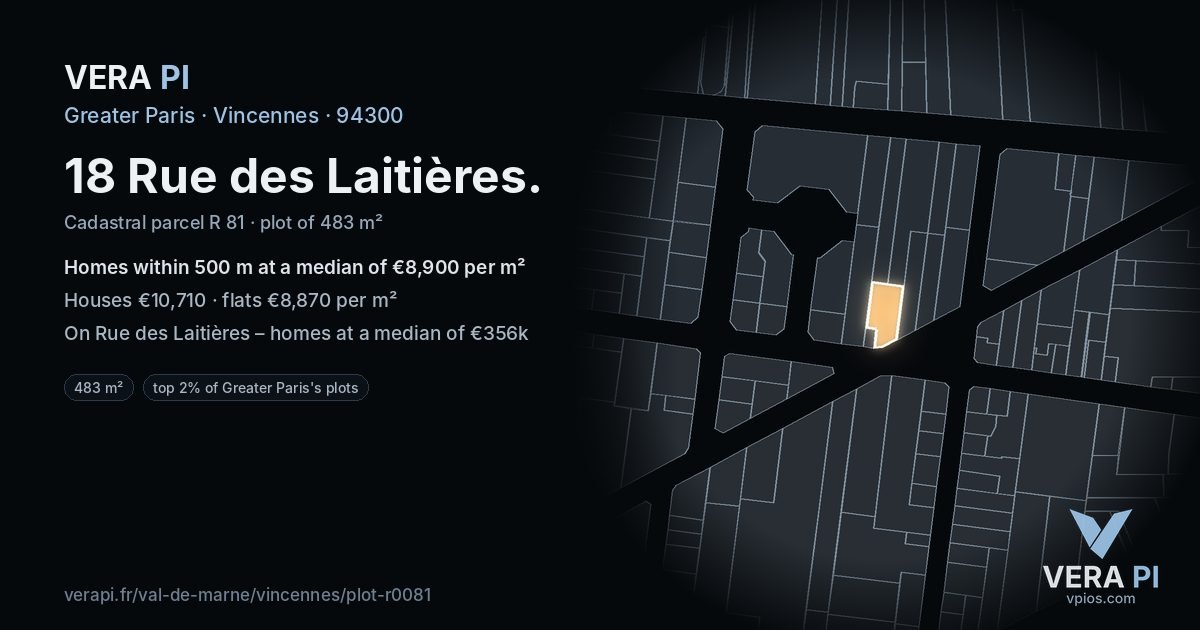 18 Rue des Laitières, Vincennes at night – the plot lit, the parcels around coloured by the prices near them