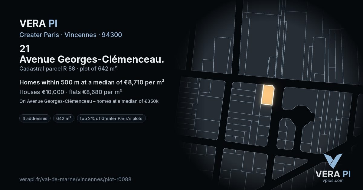 21 Avenue Georges-Clémenceau, Vincennes at night – the plot lit, the parcels around coloured by the prices near them