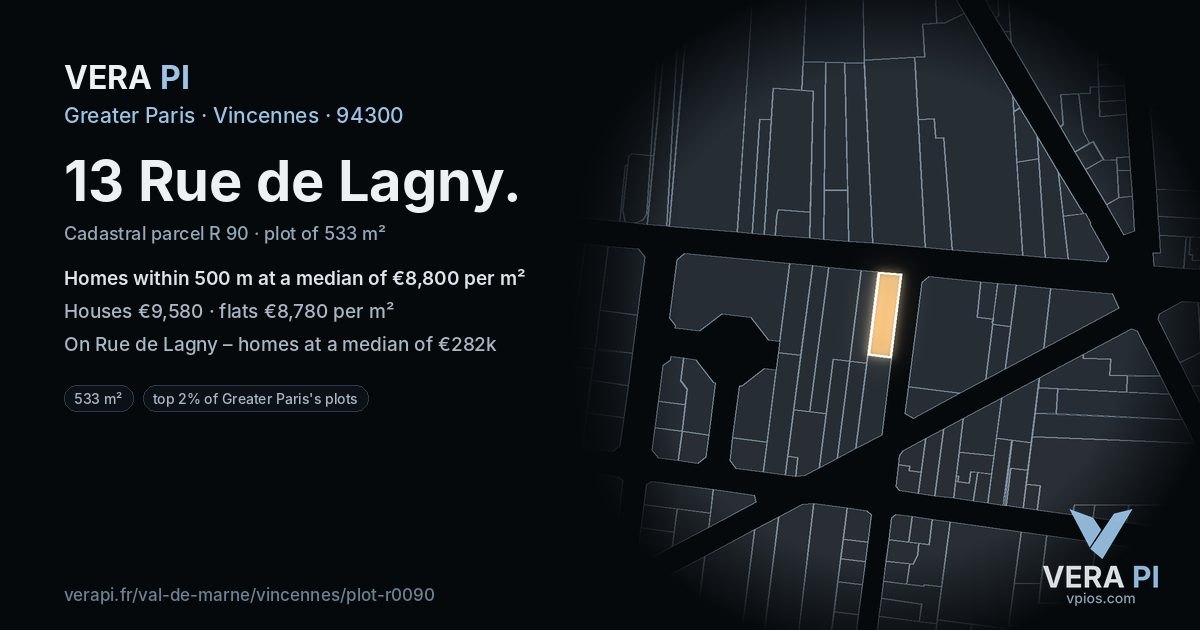 13 Rue de Lagny, Vincennes at night – the plot lit, the parcels around coloured by the prices near them