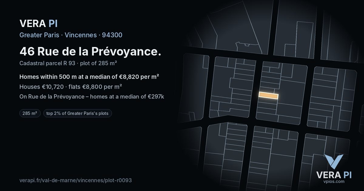46 Rue de la Prévoyance, Vincennes at night – the plot lit, the parcels around coloured by the prices near them