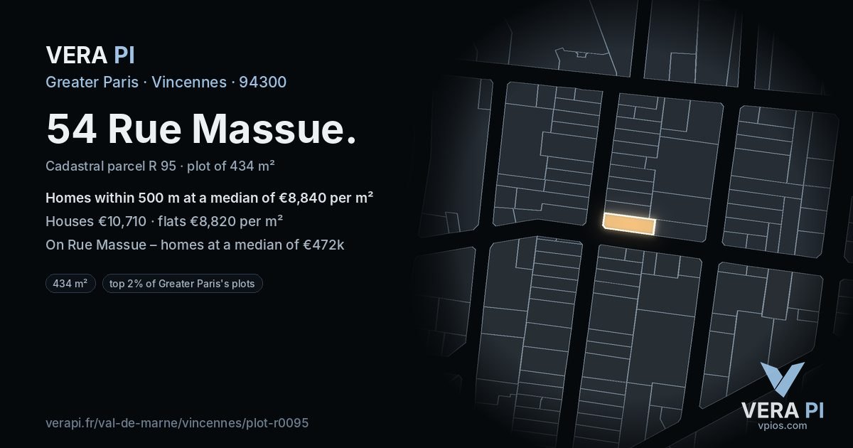 54 Rue Massue, Vincennes at night – the plot lit, the parcels around coloured by the prices near them