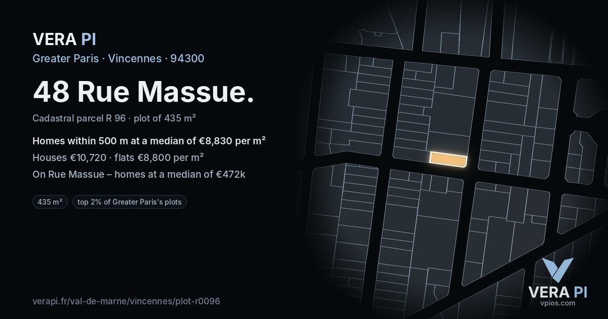 48 Rue Massue, Vincennes at night – the plot lit, the parcels around coloured by the prices near them