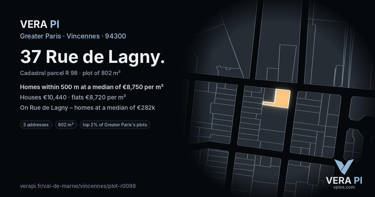 37 Rue de Lagny, Vincennes at night – the plot lit, the parcels around coloured by the prices near them