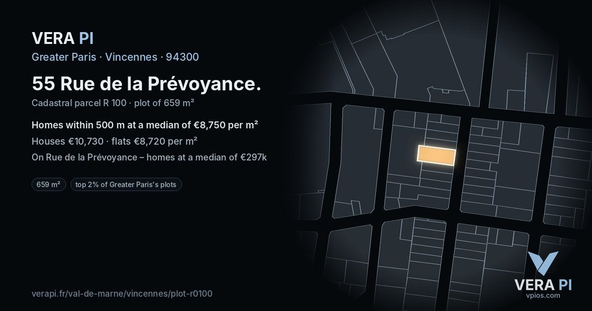 55 Rue de la Prévoyance, Vincennes at night – the plot lit, the parcels around coloured by the prices near them