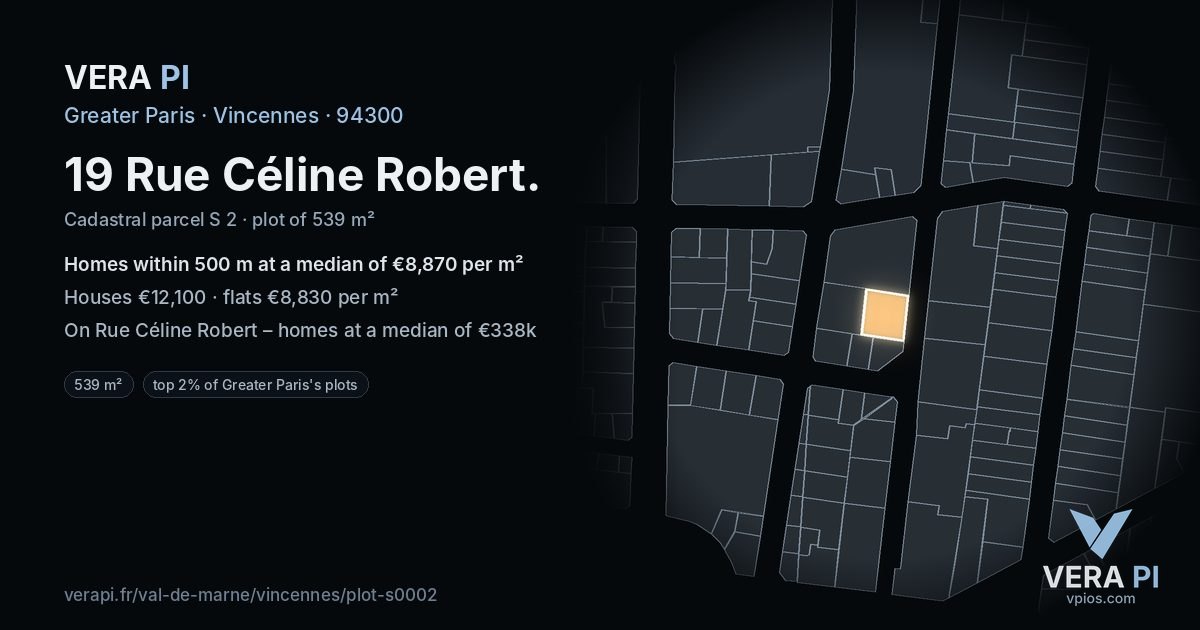 19 Rue Céline Robert, Vincennes at night – the plot lit, the parcels around coloured by the prices near them