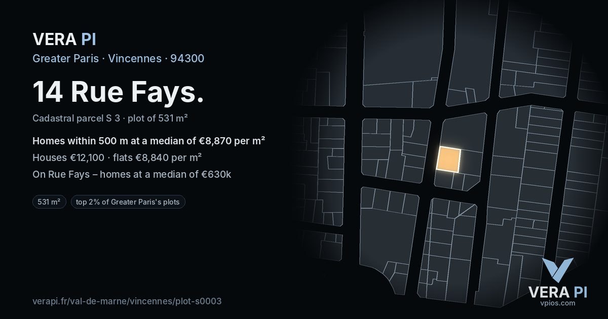 14 Rue Fays, Vincennes at night – the plot lit, the parcels around coloured by the prices near them
