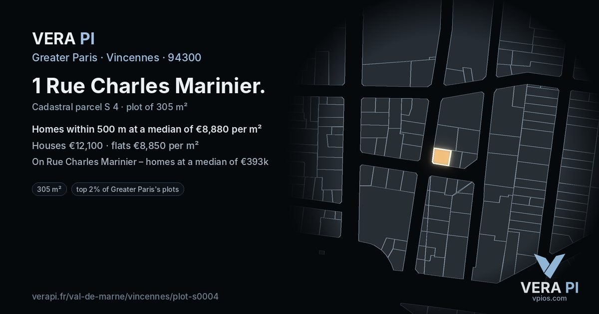 1 Rue Charles Marinier, Vincennes at night – the plot lit, the parcels around coloured by the prices near them