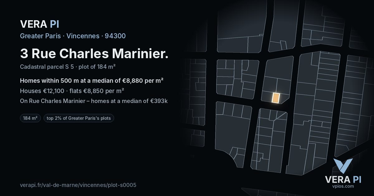 3 Rue Charles Marinier, Vincennes at night – the plot lit, the parcels around coloured by the prices near them