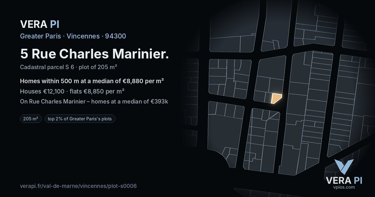 5 Rue Charles Marinier, Vincennes at night – the plot lit, the parcels around coloured by the prices near them