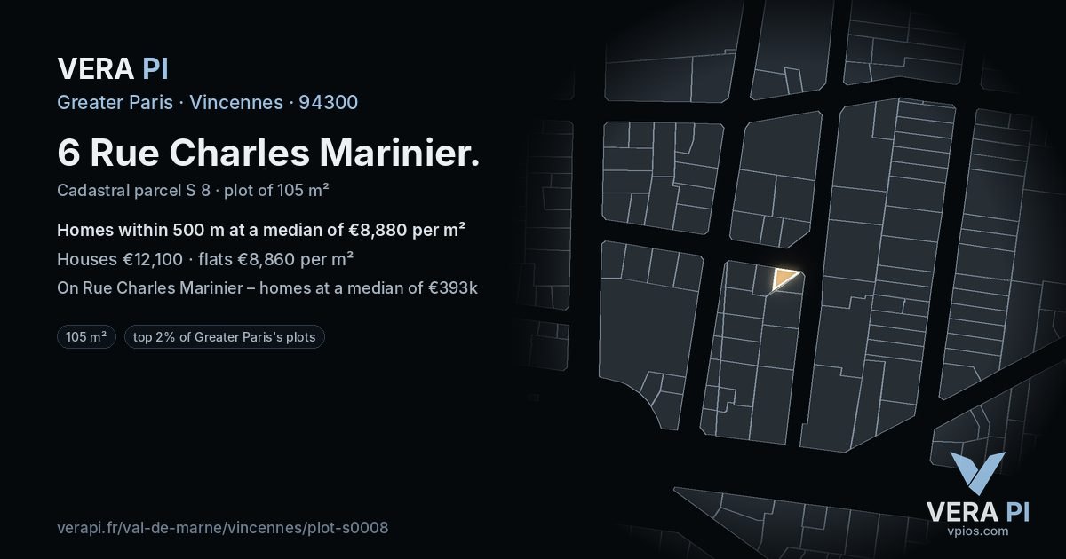 6 Rue Charles Marinier, Vincennes at night – the plot lit, the parcels around coloured by the prices near them