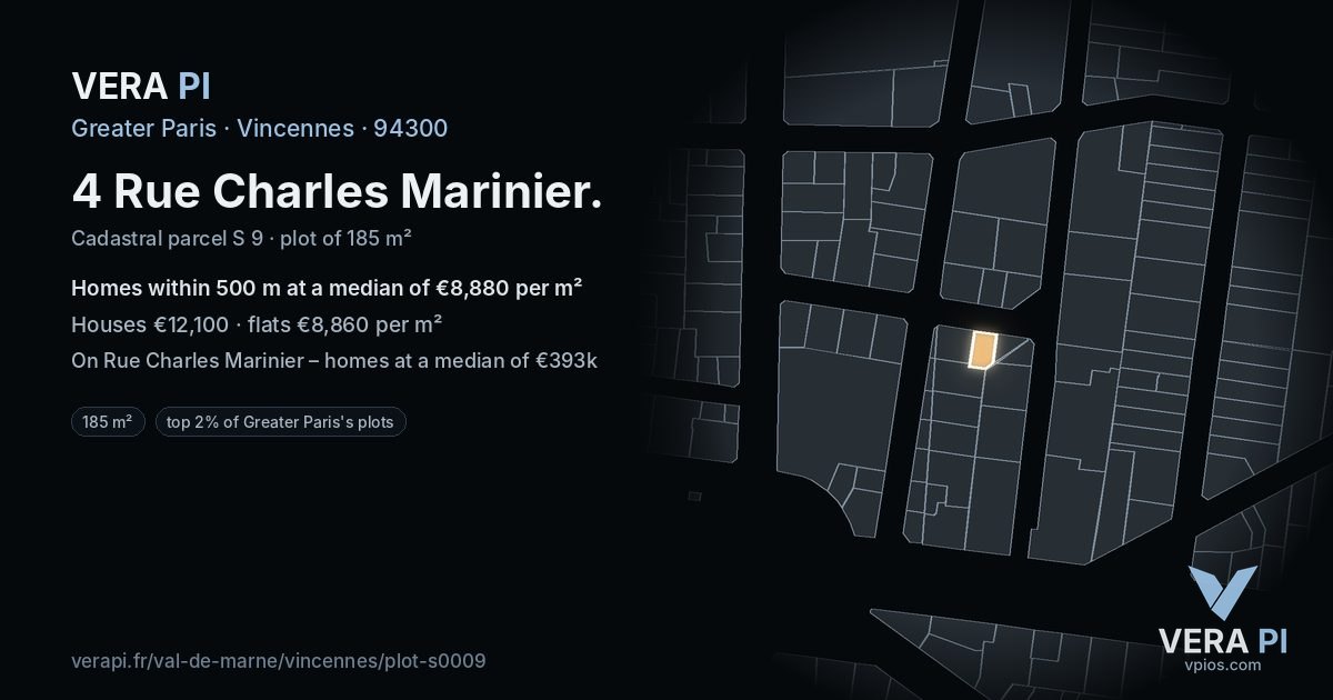 4 Rue Charles Marinier, Vincennes at night – the plot lit, the parcels around coloured by the prices near them