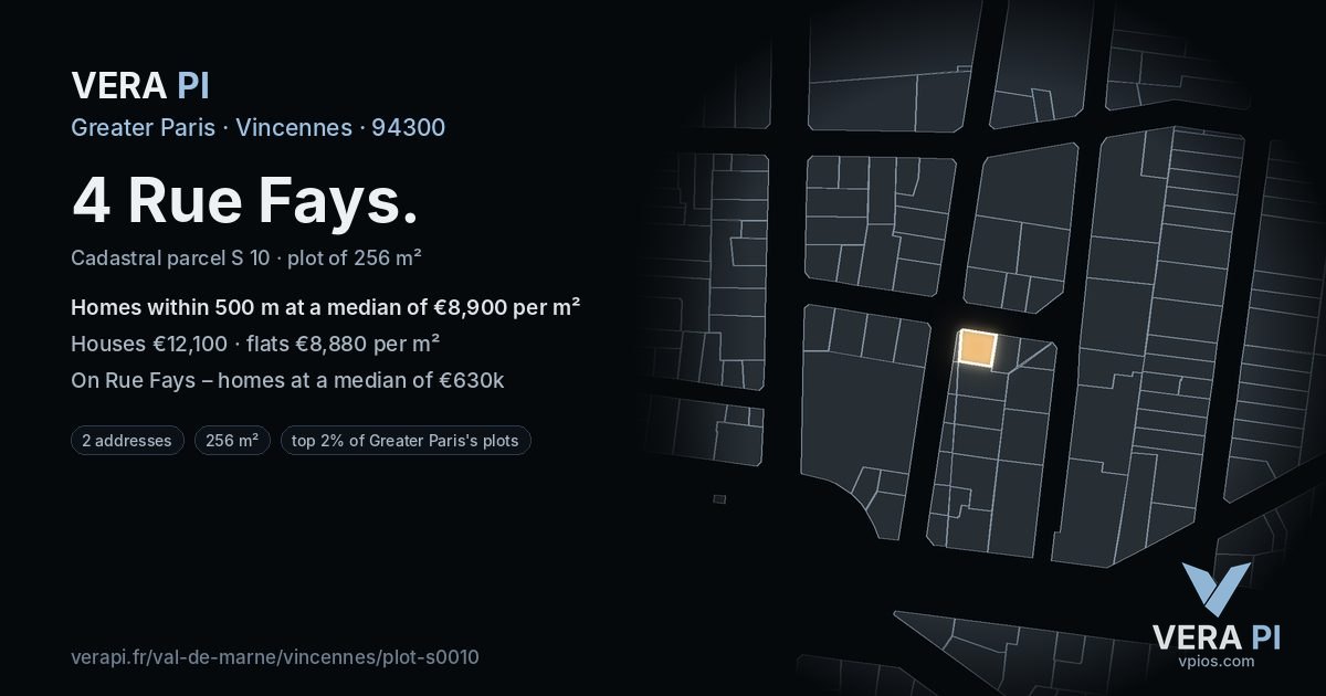 4 Rue Fays, Vincennes at night – the plot lit, the parcels around coloured by the prices near them