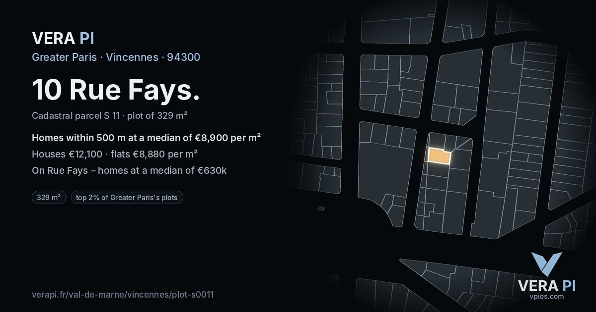 10 Rue Fays, Vincennes at night – the plot lit, the parcels around coloured by the prices near them