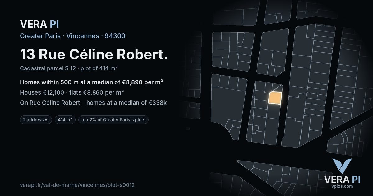 13 Rue Céline Robert, Vincennes at night – the plot lit, the parcels around coloured by the prices near them