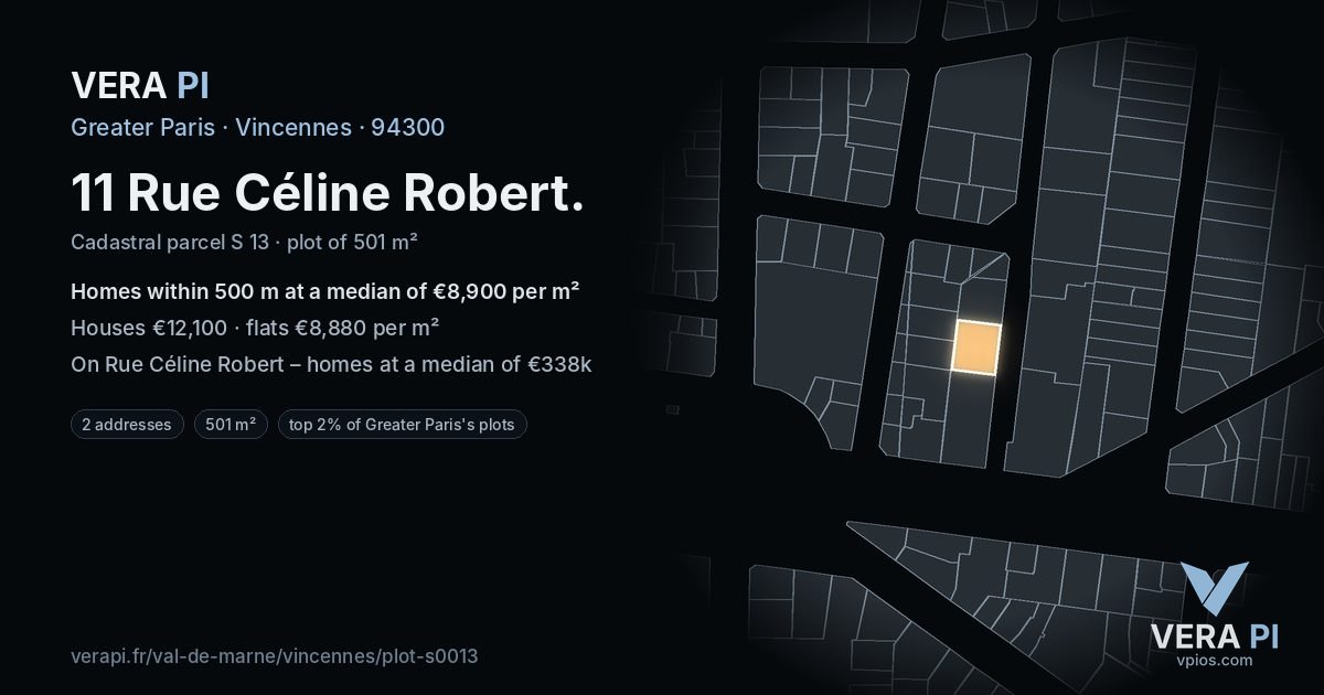 11 Rue Céline Robert, Vincennes at night – the plot lit, the parcels around coloured by the prices near them