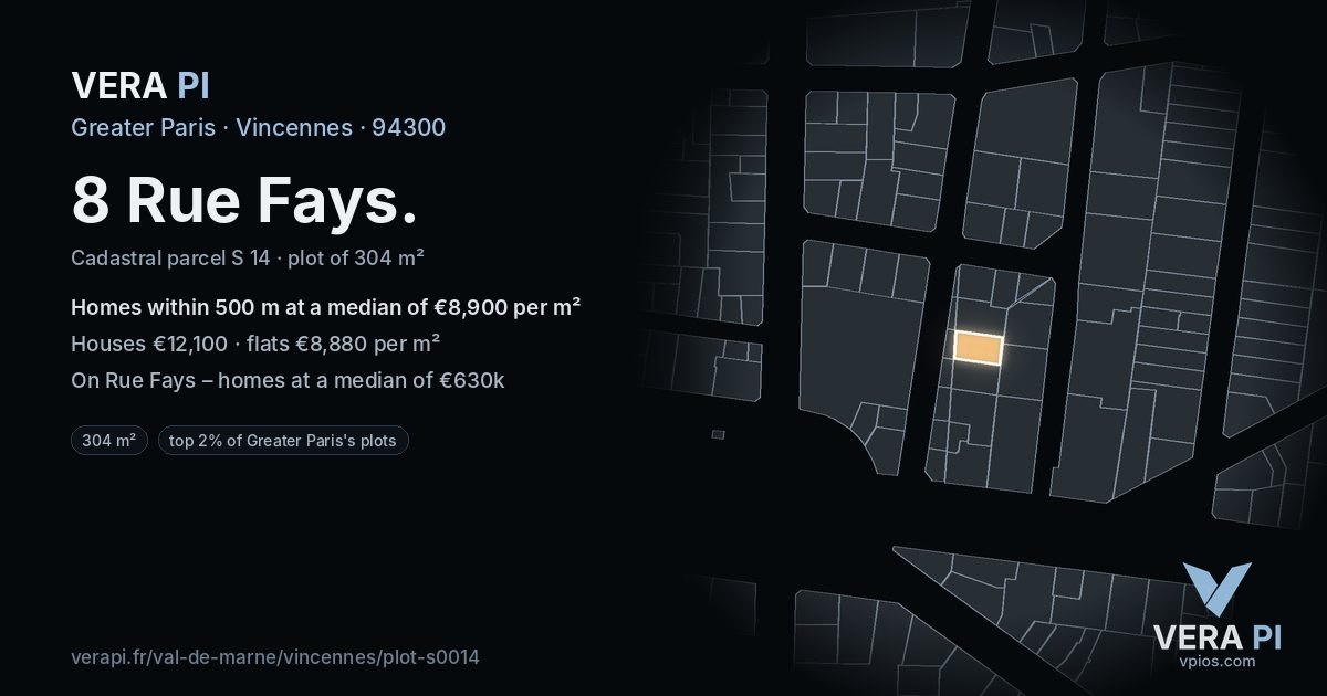 8 Rue Fays, Vincennes at night – the plot lit, the parcels around coloured by the prices near them