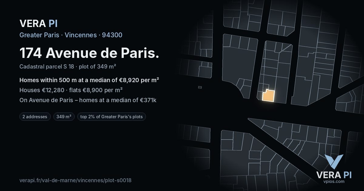 174 Avenue de Paris, Vincennes at night – the plot lit, the parcels around coloured by the prices near them