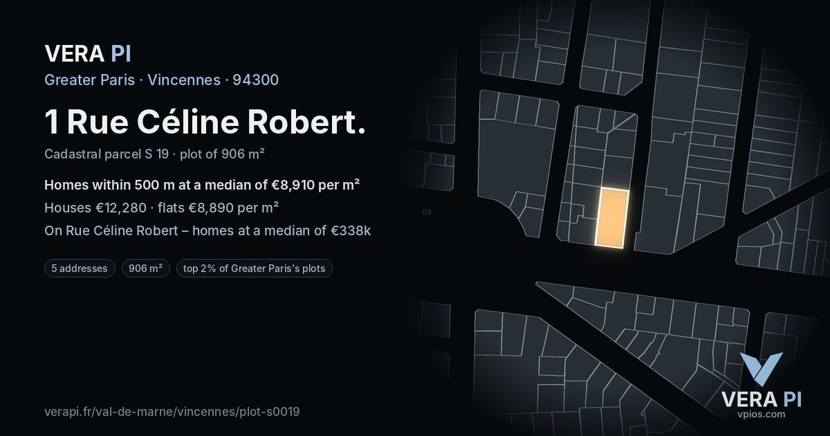 1 Rue Céline Robert, Vincennes at night – the plot lit, the parcels around coloured by the prices near them