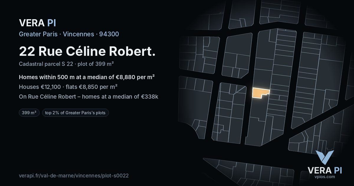 22 Rue Céline Robert, Vincennes at night – the plot lit, the parcels around coloured by the prices near them
