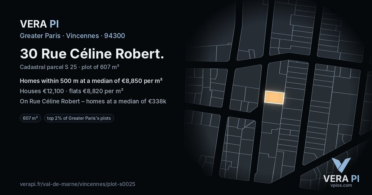 30 Rue Céline Robert, Vincennes at night – the plot lit, the parcels around coloured by the prices near them