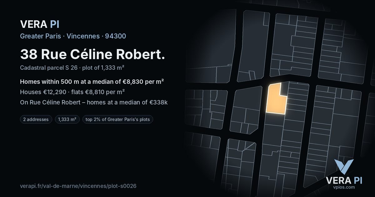 38 Rue Céline Robert, Vincennes at night – the plot lit, the parcels around coloured by the prices near them