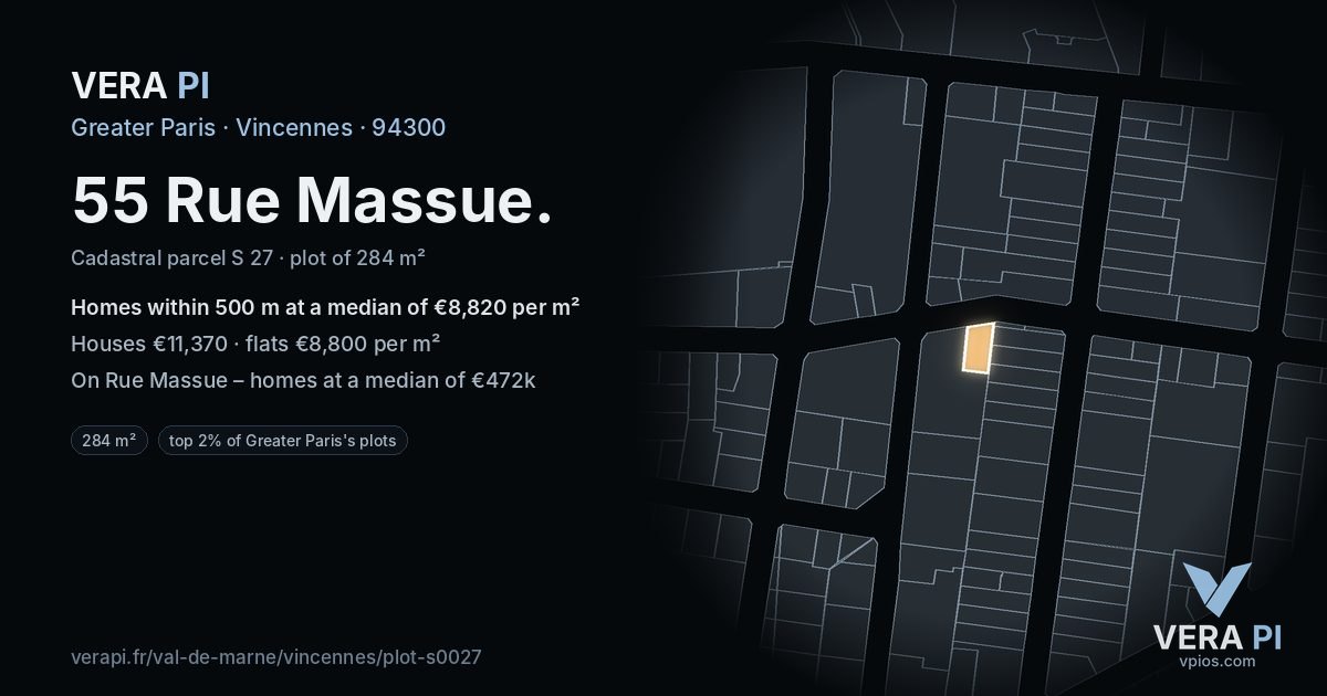55 Rue Massue, Vincennes at night – the plot lit, the parcels around coloured by the prices near them