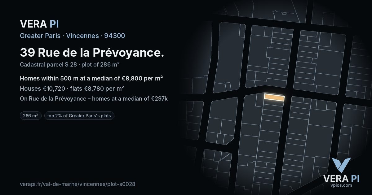 39 Rue de la Prévoyance, Vincennes at night – the plot lit, the parcels around coloured by the prices near them
