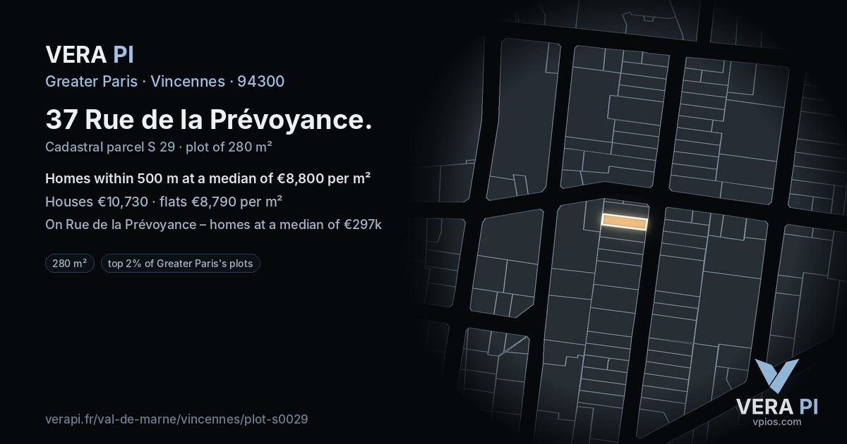 37 Rue de la Prévoyance, Vincennes at night – the plot lit, the parcels around coloured by the prices near them