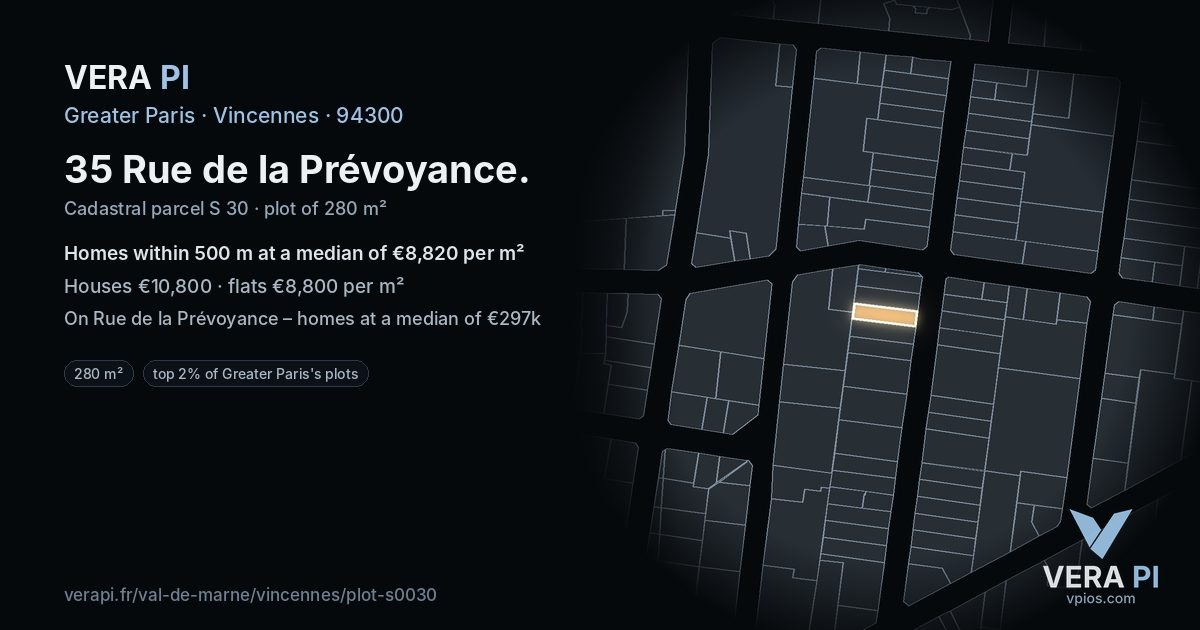 35 Rue de la Prévoyance, Vincennes at night – the plot lit, the parcels around coloured by the prices near them