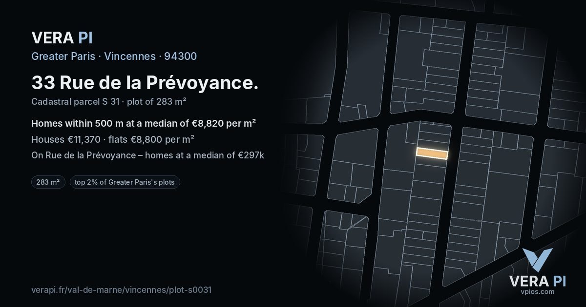 33 Rue de la Prévoyance, Vincennes at night – the plot lit, the parcels around coloured by the prices near them