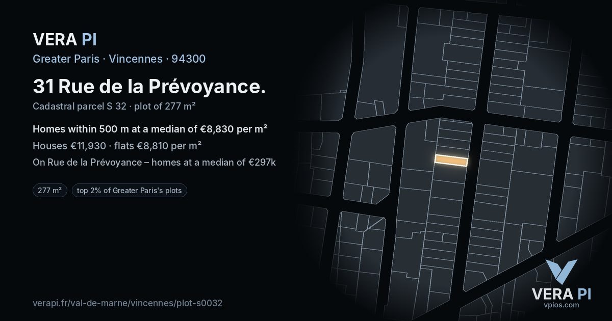 31 Rue de la Prévoyance, Vincennes at night – the plot lit, the parcels around coloured by the prices near them