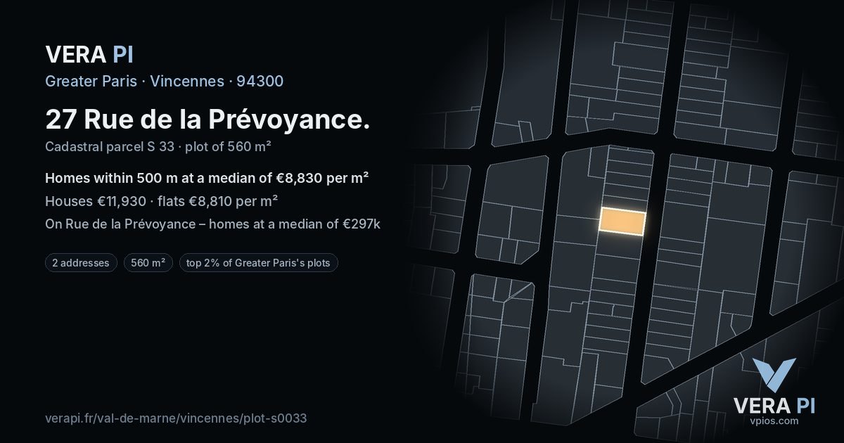 27 Rue de la Prévoyance, Vincennes at night – the plot lit, the parcels around coloured by the prices near them