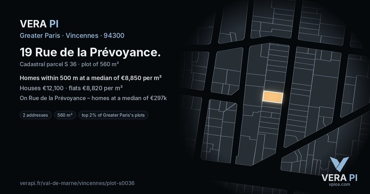 19 Rue de la Prévoyance, Vincennes at night – the plot lit, the parcels around coloured by the prices near them