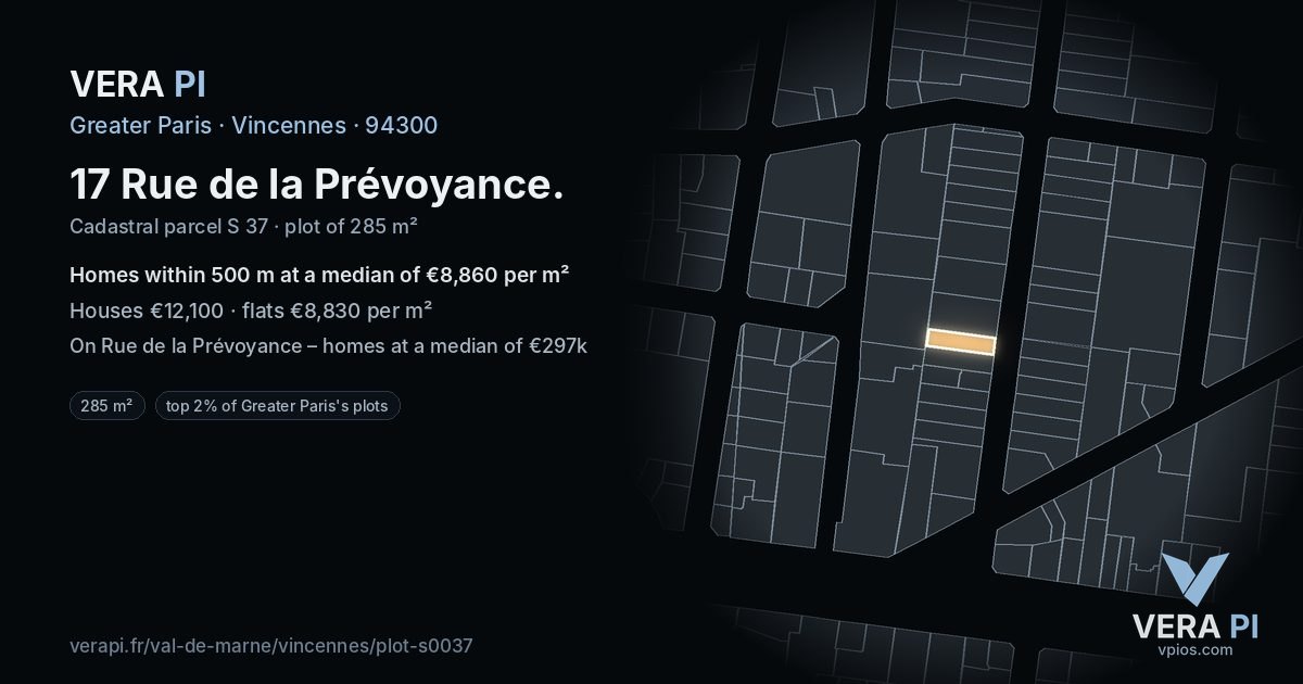 17 Rue de la Prévoyance, Vincennes at night – the plot lit, the parcels around coloured by the prices near them