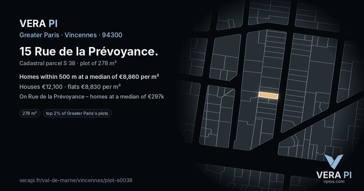 15 Rue de la Prévoyance, Vincennes at night – the plot lit, the parcels around coloured by the prices near them