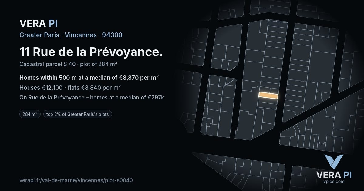 11 Rue de la Prévoyance, Vincennes at night – the plot lit, the parcels around coloured by the prices near them