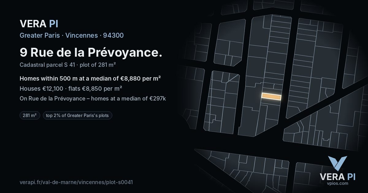 9 Rue de la Prévoyance, Vincennes at night – the plot lit, the parcels around coloured by the prices near them